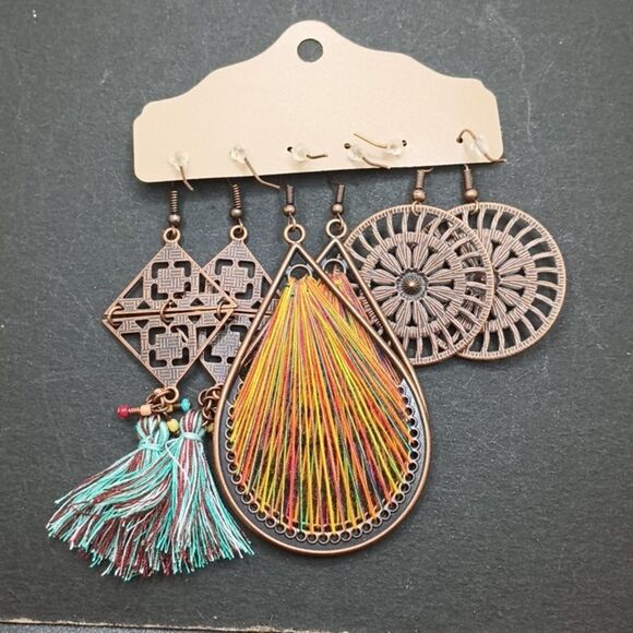 Bronze drop multicolor tassel earrings boho jewelry Rainbow String - Picture 4 of 4